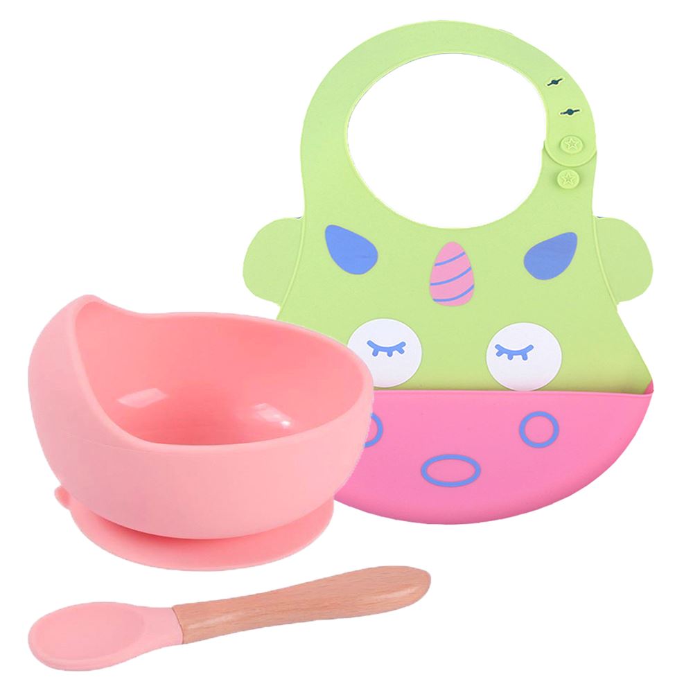 Pack para Bebe Babero Unicornio con Cuenco Rosa con cuchara